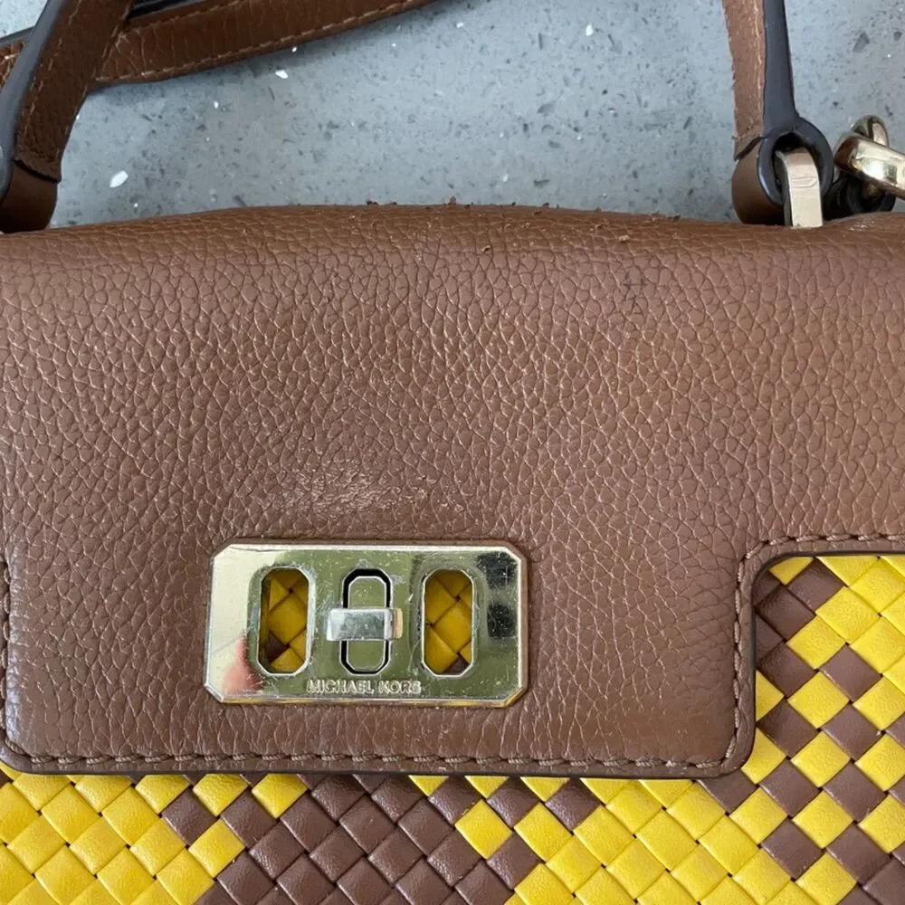 Michael Kors Mini Bag Karson Satchel Woven Brown Yellow Leather crossbody